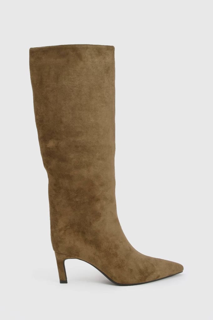 boohoo Dames Faux Suede Column Pointed Heeled Boots | Olive | Maat: 8