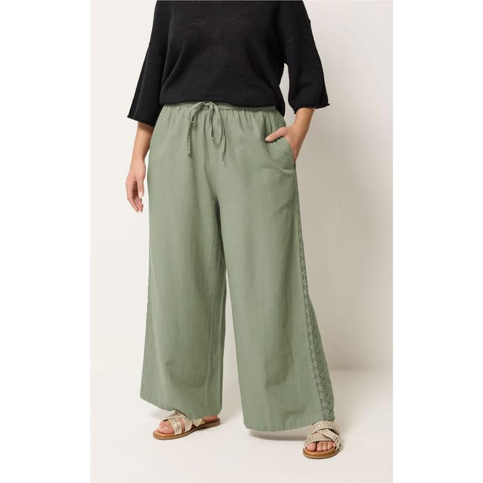 Yours Kaki Groene Linnen Broek Met Gehaakt Detail Size Regular > 46