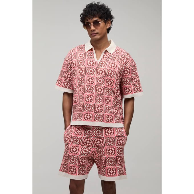 Oversized Boxy Gehaakte Vierkanten Gebreide Polo En Short Set | Pink | Size Medium