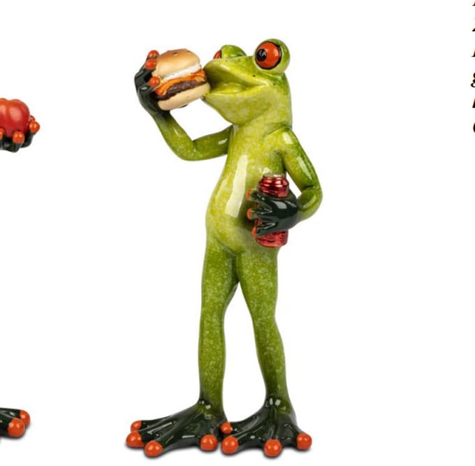 Kikker beeld hamburger met cola - - 8x16 - polyresin - kleur groen