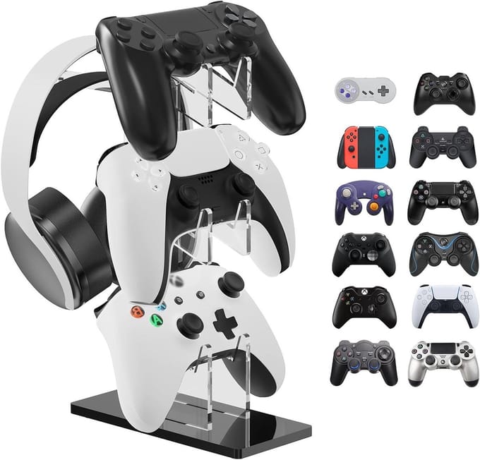 Universele 3-laags headsetstandaard en controllerstand voor gamingaccessoires, geschikt voor PS5, Xbox en Switch Pro controllers (Zwart)