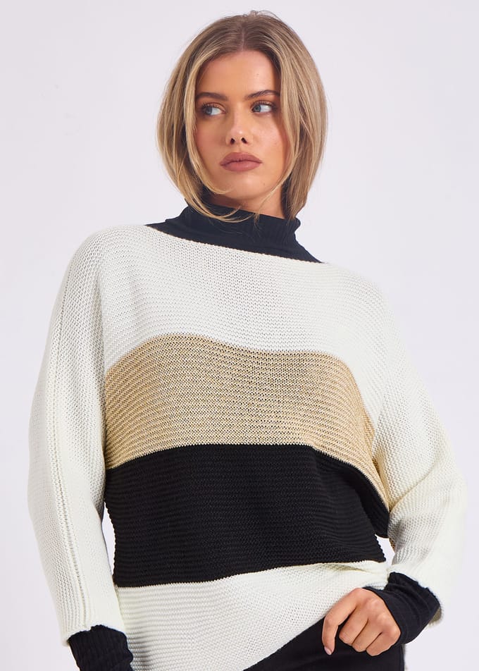 Gestreepte gebreide oversized trui met V-hals