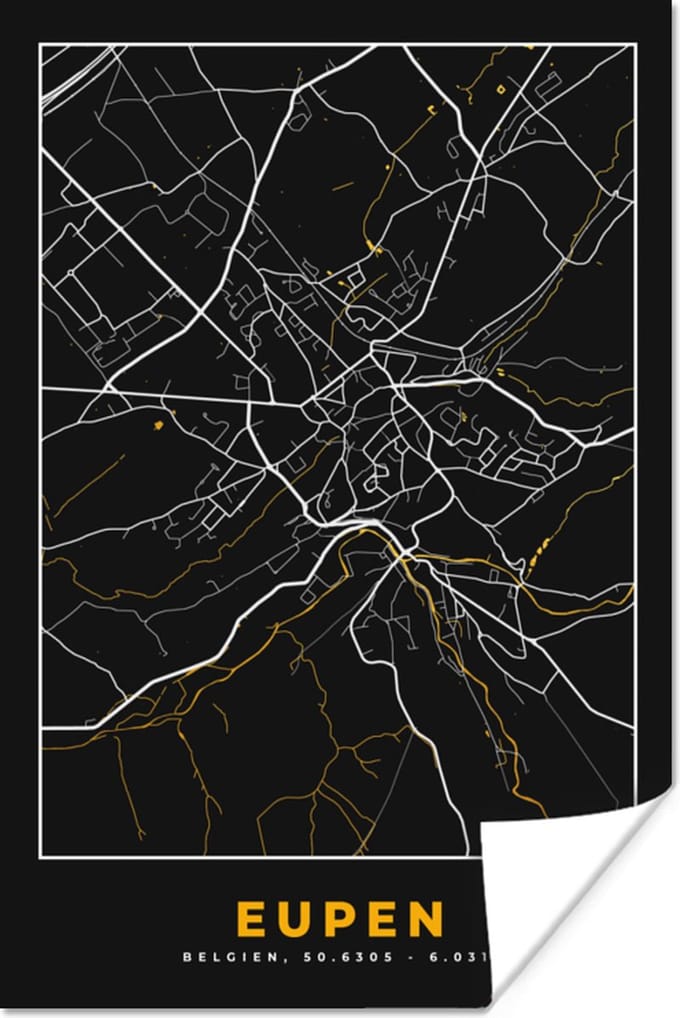 Poster Stadskaart - Eupen - Plattegrond - Kaart - Goud - 60x90 cm