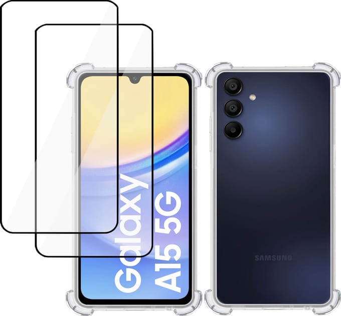 Hoesje + 2x Screenprotector geschikt voor Samsung Galaxy A15 – Full Screen Tempered Glass - Extreme Shock Case Transparant