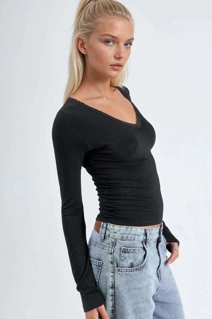 V-hals Lange Mouw Blouse met Spitzen Details