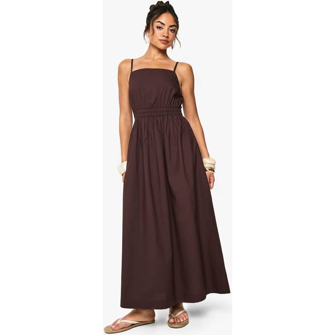 boohoo Dames Midaxi-jurk van poplin met riempjes | Chocoladebruin | Maat: 38