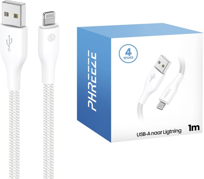 4x lange usb kabel geschikt voor iPhone (Lightning) - 1 meter - Oplaadkabel - Wit