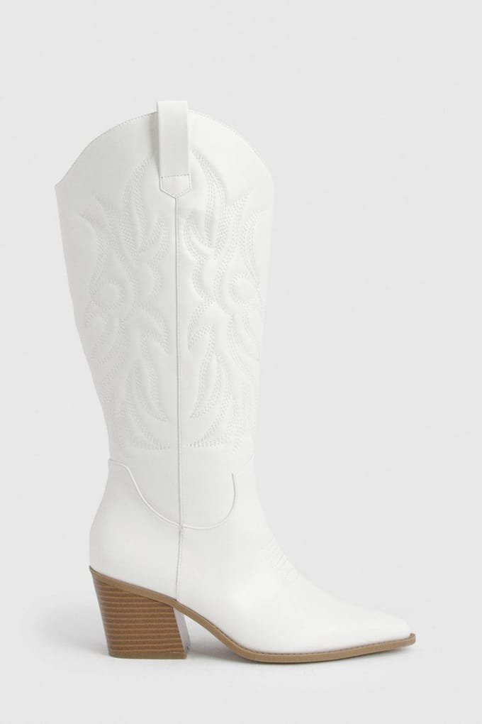 boohoo Dames Wijde Pasvorm Geborduurd Western Cowboylaarzen | Wit | Maat: 41