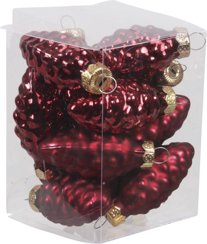 Othmar Decorations 12x Dennenappel kersthangers donkerrood - glas - mat - glans - 6 cm