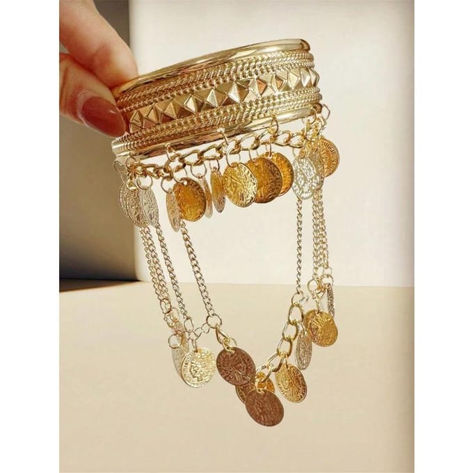 Boho Uitgebreide Munt Kwast Brede Armmanchet - Vintage Sieraden Lichaamsaccessoire goud