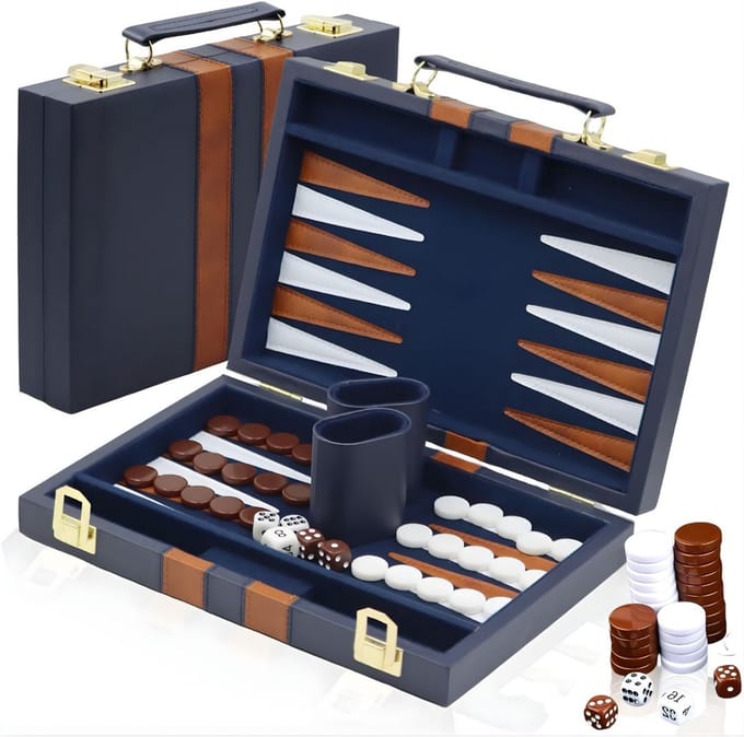 DnA® Backgammon - Backgammon Koffer - Backgammon Reiseditie - Backgammon Hout - Marineblauw - 29cm x 20cm x 1cm