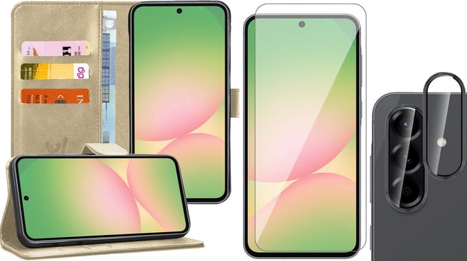Hoesje geschikt voor Samsung Galaxy A56 / A36 - Screenprotector Glas & Camera - Portemonnee Book Case Goud