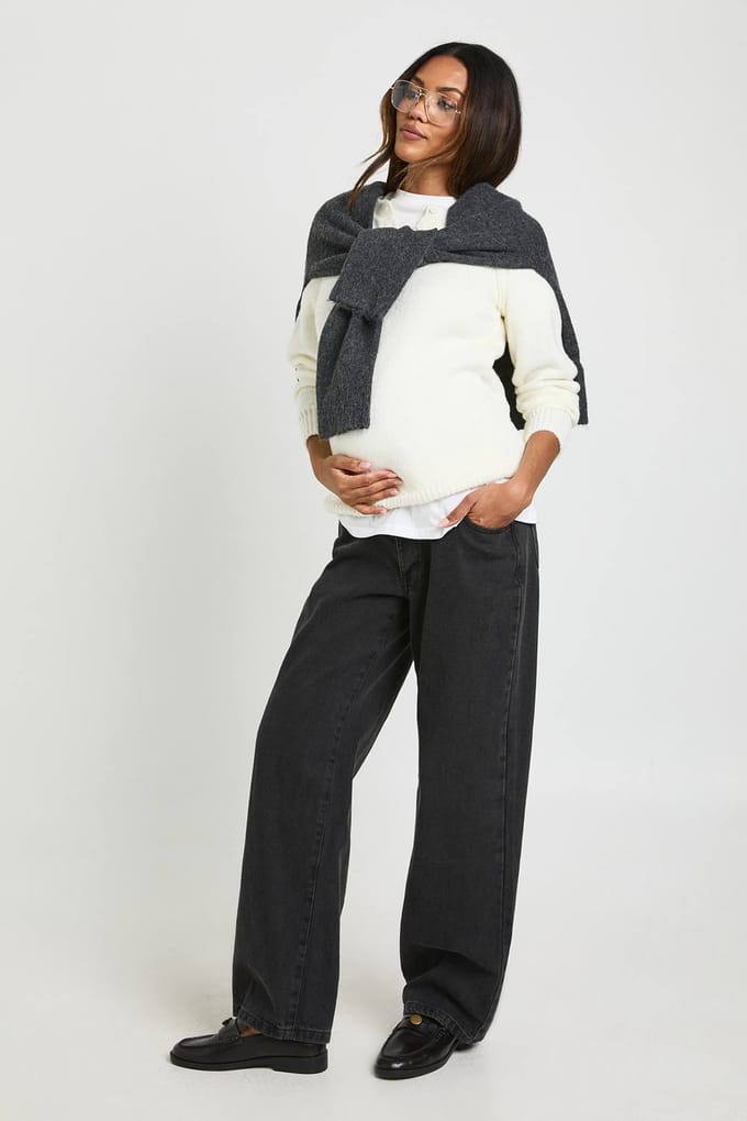 boohoo Dames Zwangerschaps Henley Knoop Gebreide Trui | Ecru | Maat: Large