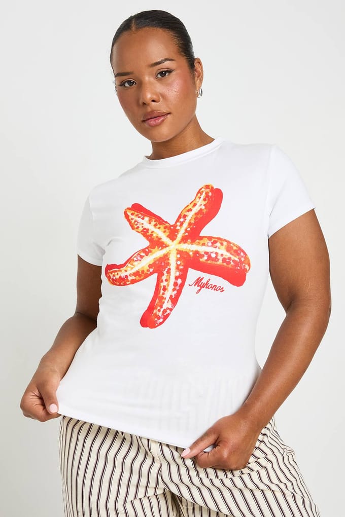 boohoo Dames Plus Zeester Print Baby Tee | Wit | Maat: 48