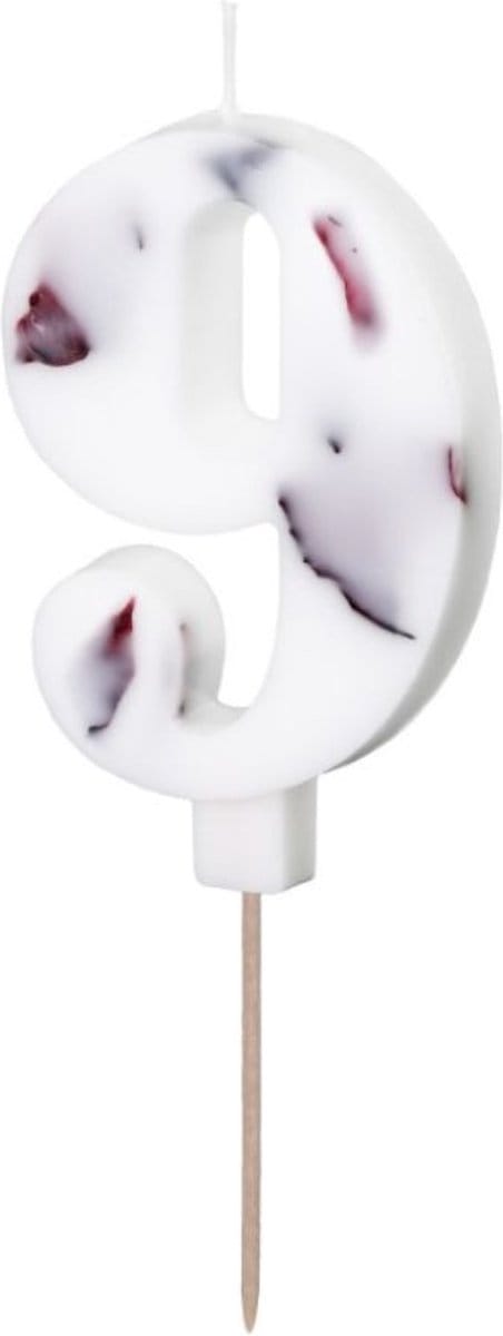 PartyDeco Cijferkaars 9 Wit met Bloemen 8cm