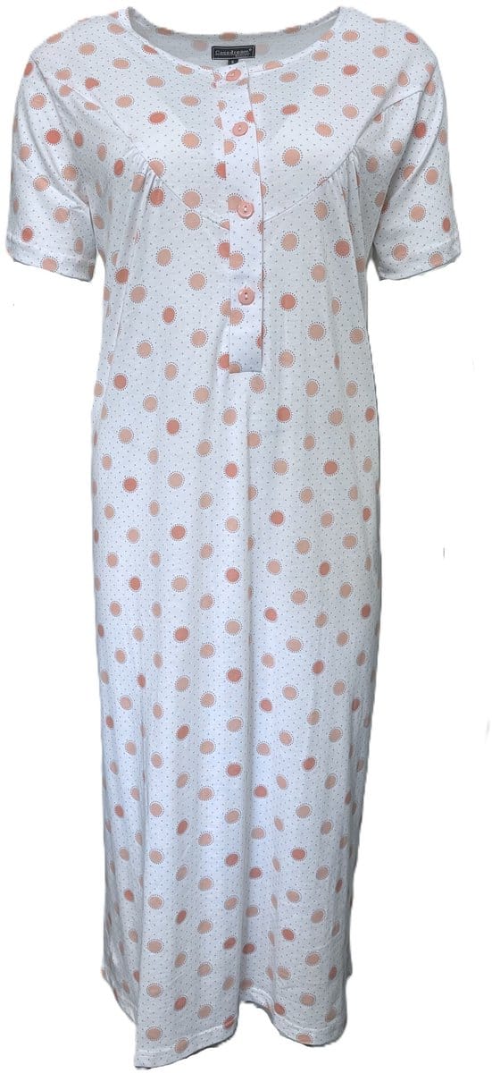 Cocodream - Klassiek nachthemd dames - Korte mouw - Lang model - Wit met stippen - Maat S