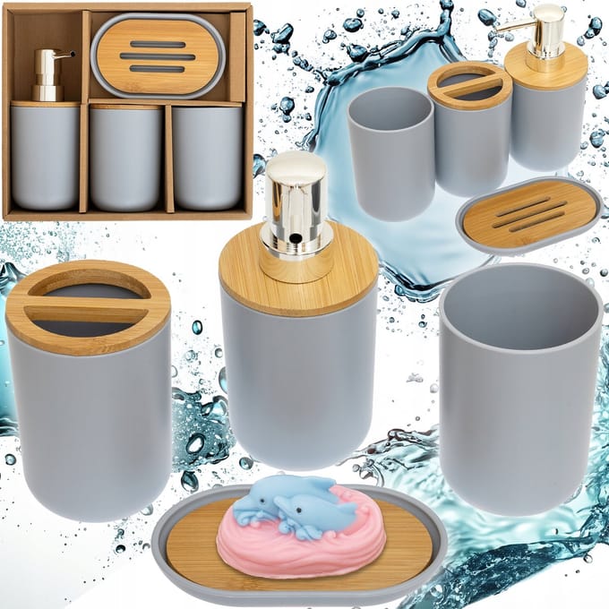 BK - Badkameraccessoireset - Zestaw Na Umywalke - 4 Stuks - Grijs