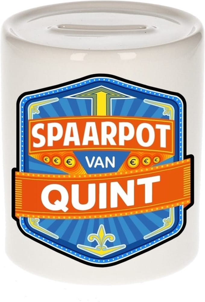 Bellatio Decorations Kinder spaarpot met naam - Quint - keramiek - met dop - wit - Sparen - Spaargeld van Quint
