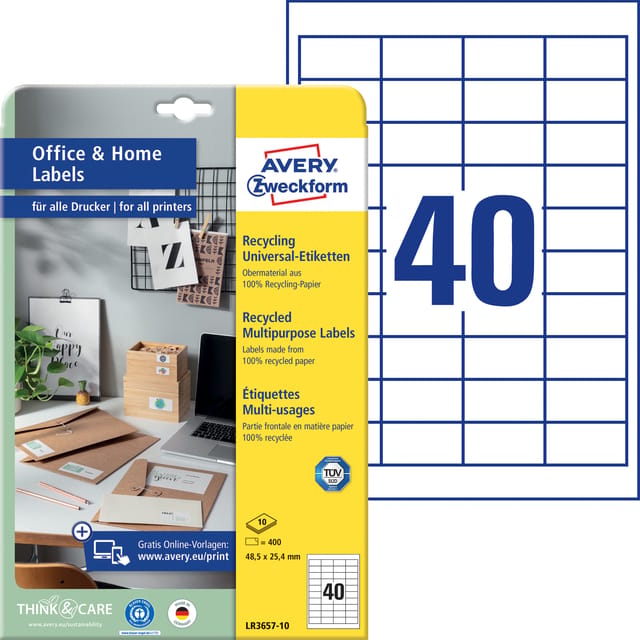 Etiket Avery LR3657-10 48.5x25.4mm recycled wit 400 stuks