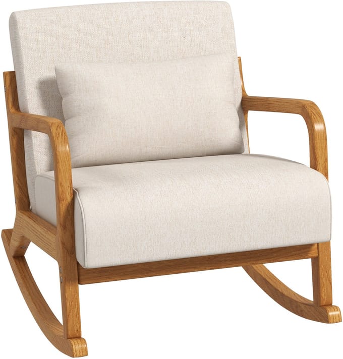 HOMCOM - Schommelstoel - met Houten Frame - Armleuningen - Crèmewit