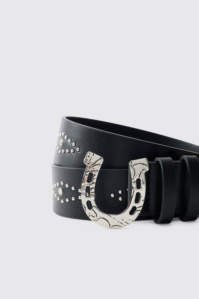 Horseshoe Buckle Studded PU Belt | Black | Size XL