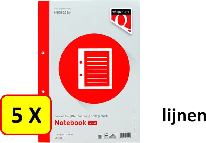 5 x Cursusblok Quantore - A4 - lijn met kantlijn - 100vel - 80gr