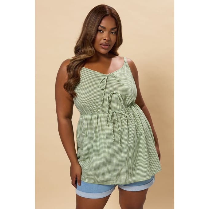 Yours Cami Top Met Gingham Print En Striksluitingen In Saliegroen Size 48