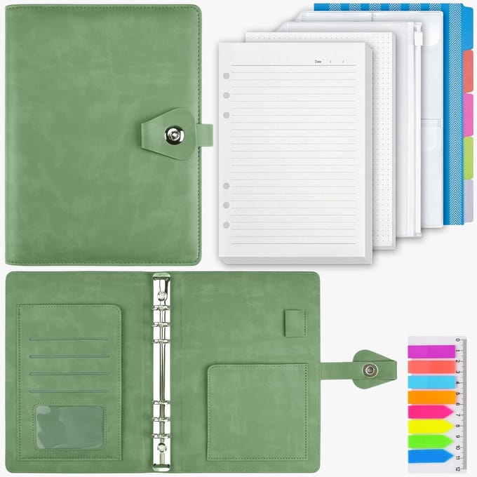 SnelShoppen - PU Leather A5 Ring Binder Notebook - 6 Ring Binder met 200 Vullingen - Planner met Scheiders - Perfect voor Kantoor en School - Olive Gr
