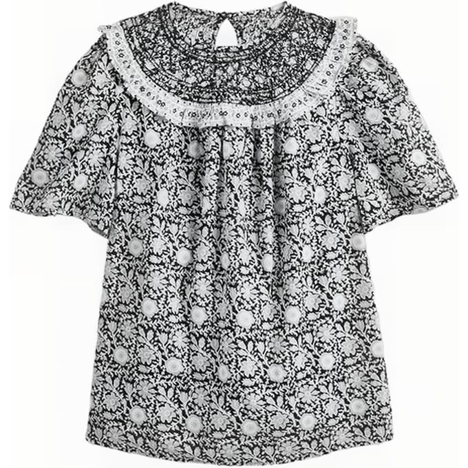 Boden Smocked Neck Printed Top Blk Maat: 10 | Blouses Outlet | Dames | Zwart