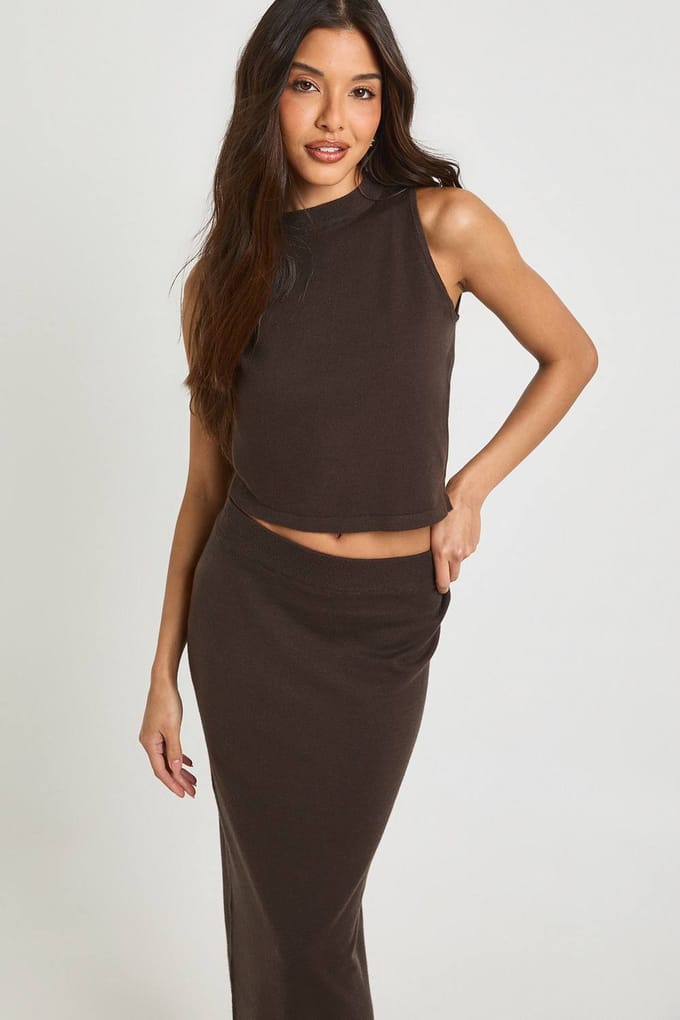 boohoo Dames Geribbelde Gebreide Coltrui en Maxi Rok Co-Ord Set | Chocoladebruin | Maat: Large
