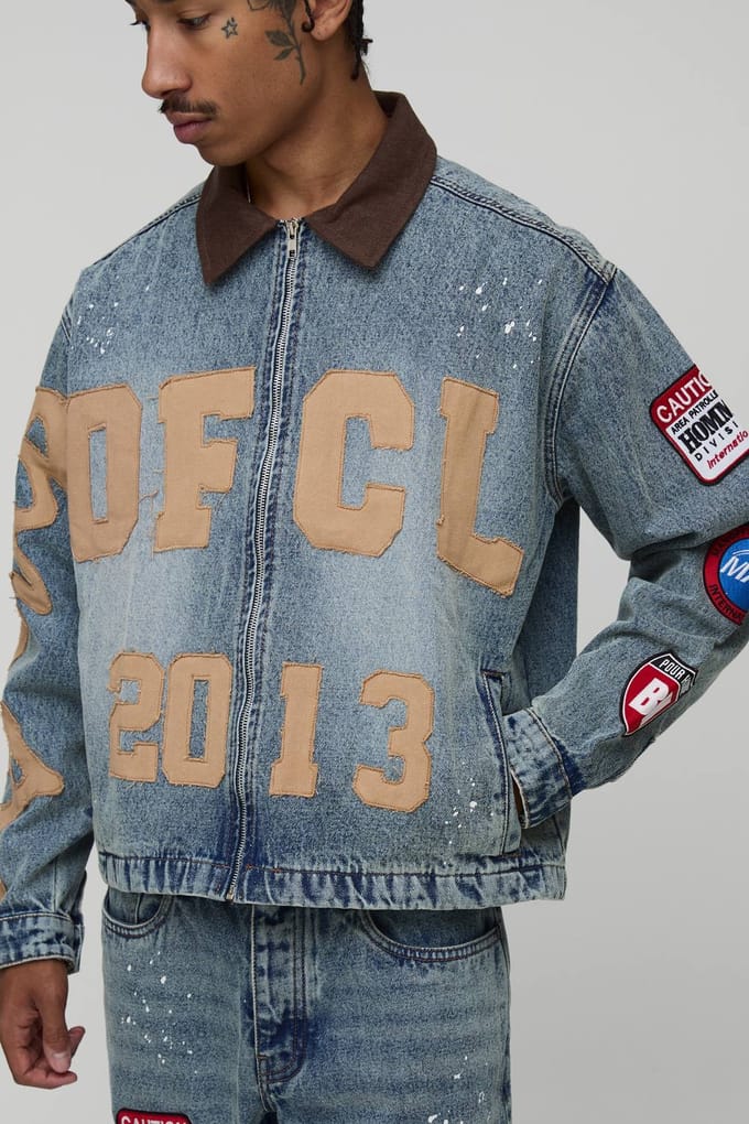 Oversized Boxy Paint Splatter Applique Denim Jacket | Antique Blue | Size Medium