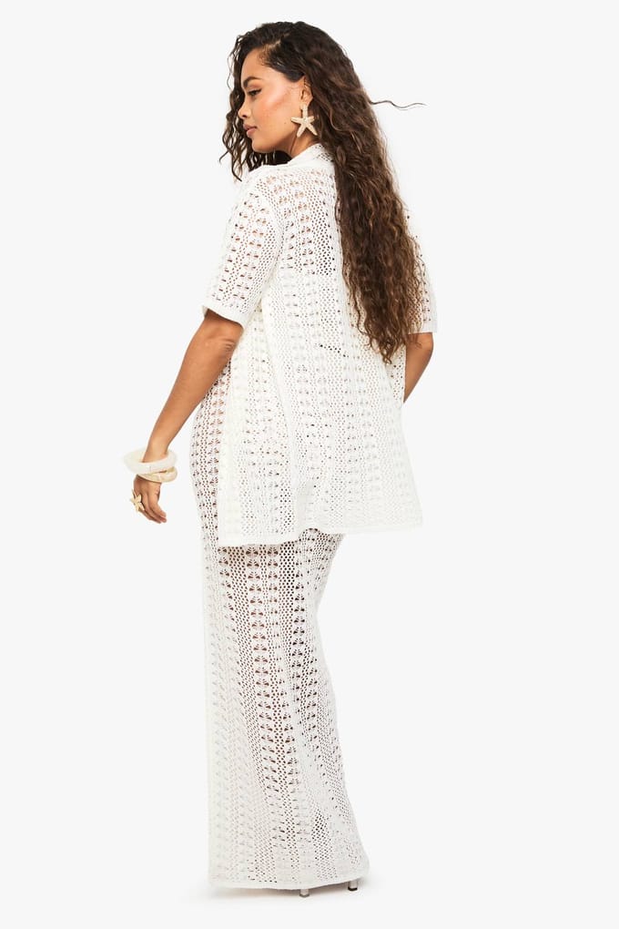 boohoo Dames Gehaakt oversized shirt, bandeautop en maxi rok set | Creme | Maat: Small