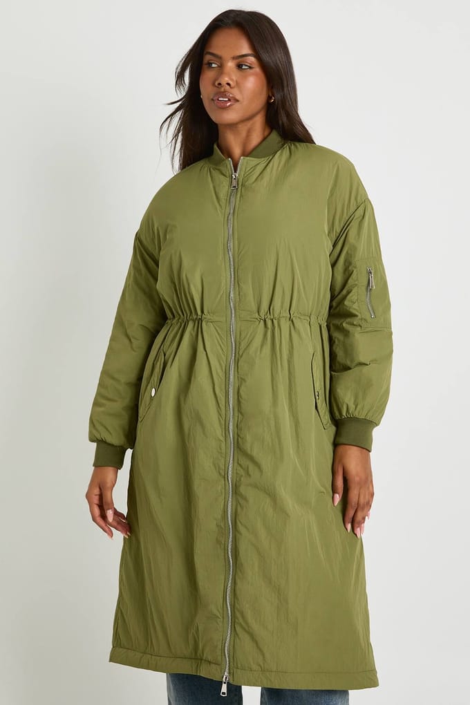 boohoo Dames Maxi Bomber Jacket | Khaki | Maat: 8