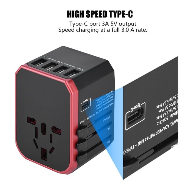 Universele Reisadapter Stekker 4 USB-poorten Type C Stopcontacten Converter voor (Rood) black