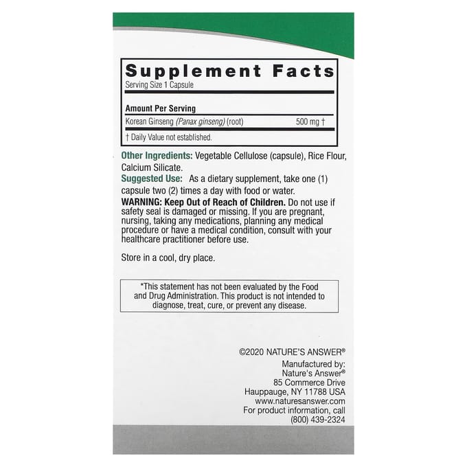 Nature'S Answer, Koreaanse Ginseng, 500Mg, 50 Plantaardige Capsules