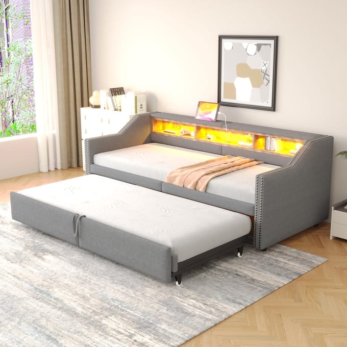 MODFU Slaapbank/Bedframe 90/180x200 cm – gestoffeerd linnenlook lichtgrijs – met uitschuifbed, USB en LED – multifunctioneel