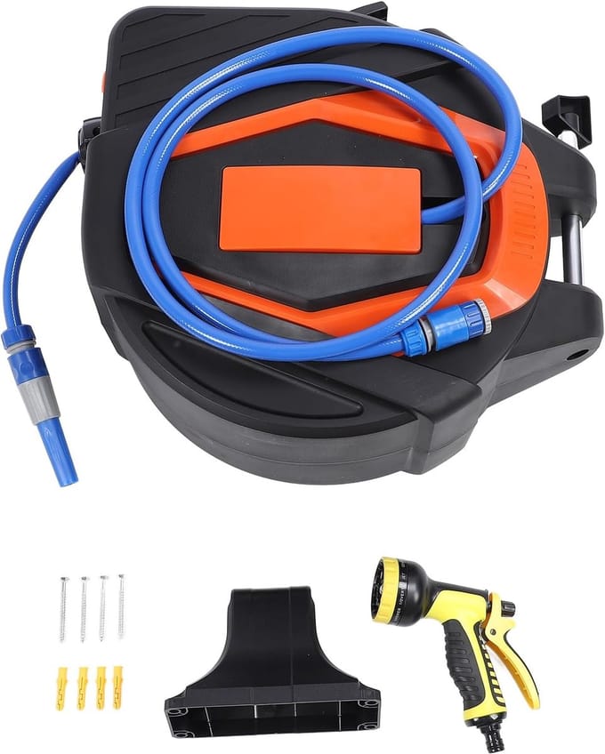 Intrekbare Tuinslang - Wandslanghaspel - Tuin Bewatering - Automatisch Terugspoelen - 30 Meter Lengte - Grijs