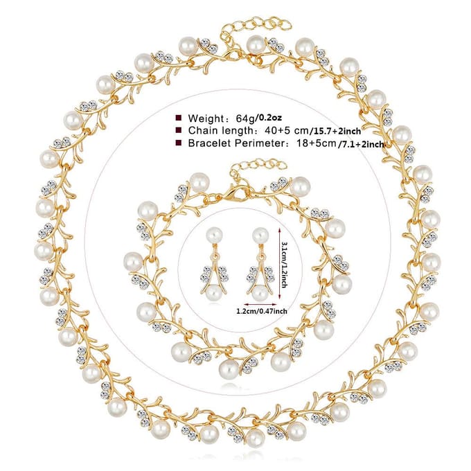 Mode Legering Bloem Diamant Parel Ketting, Oorbellen Armband Sieraden Set Drie Delen Set white