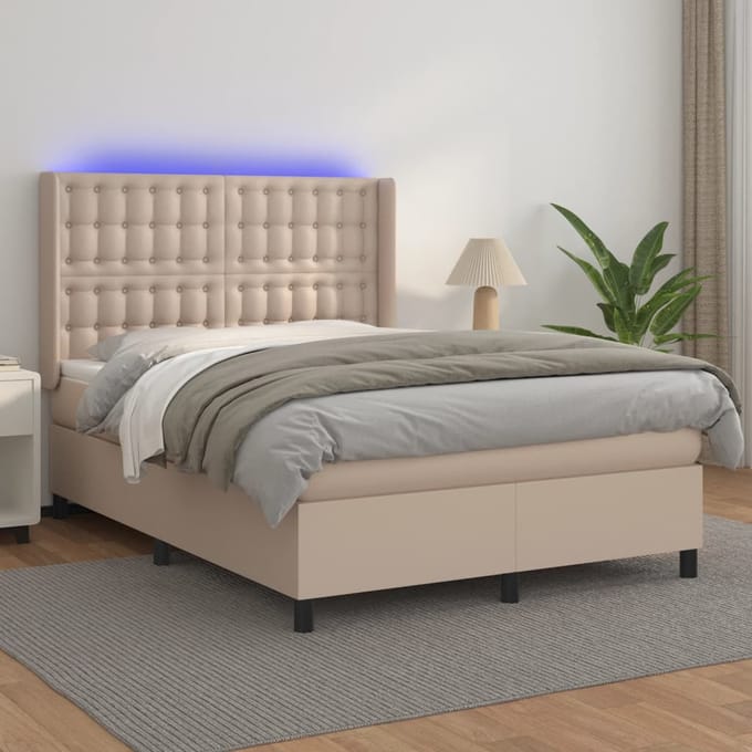 vidaXL - Boxspring - met - matras - en - LED - kunstleer - cappuccinokleur - 140x190cm