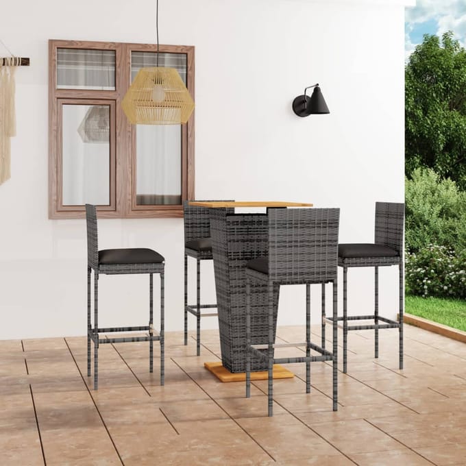 vidaXL - 5-delige - Tuinbarset - met - kussens - poly - rattan - grijs