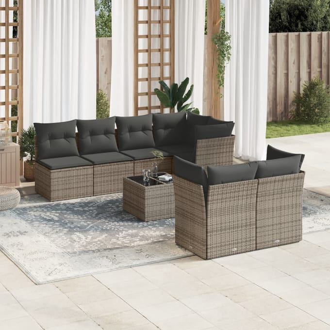 vidaXL - 8-delige - Loungeset - met - kussens - poly - rattan - grijs