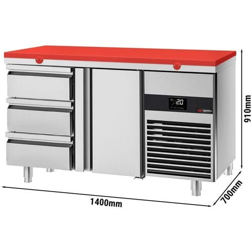 GGM Gastro Kühltisch PREMIUM - 1400x700mm - mit 1 Tür - 3 Schubladen - inkl. Schneideplatte Rot