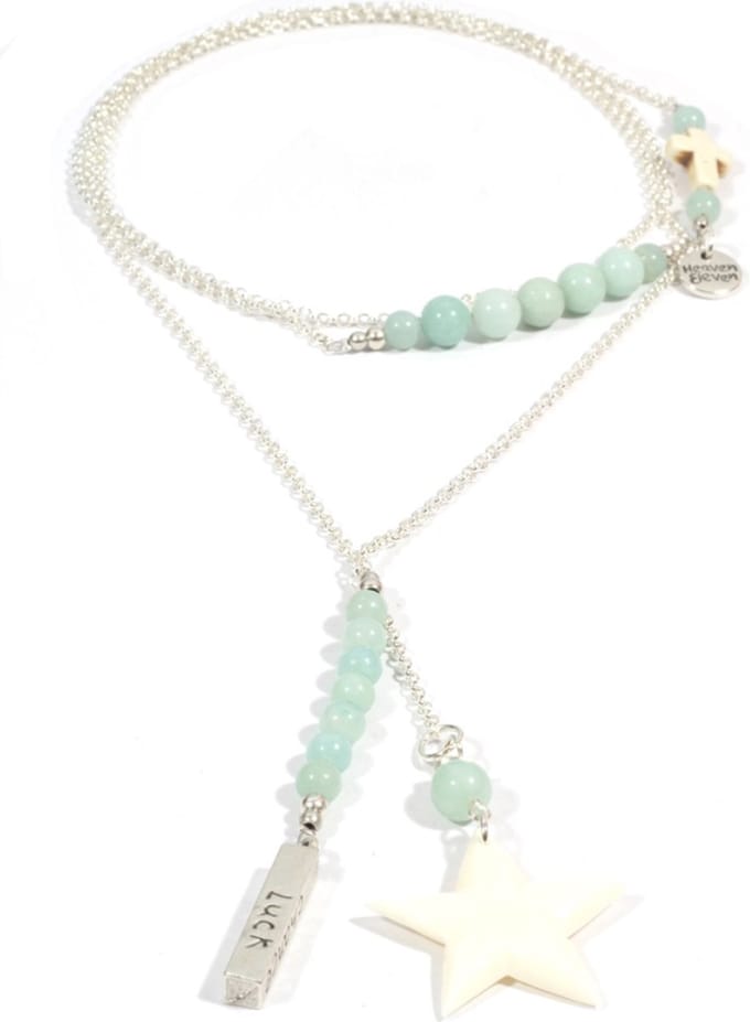 Heaven Eleven - dames Ketting - zilverkleurig plating - amazoniet kralen - wit hertegewei ster
