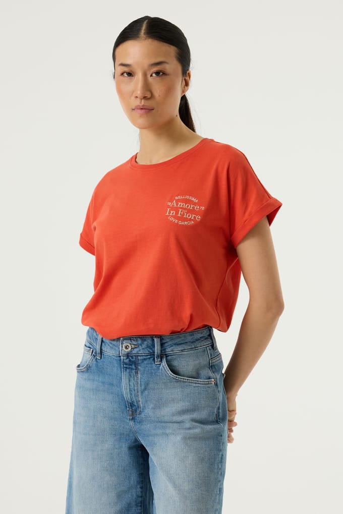 GARCIA Dames Tekst Print T-shirt Rood Korte mouw