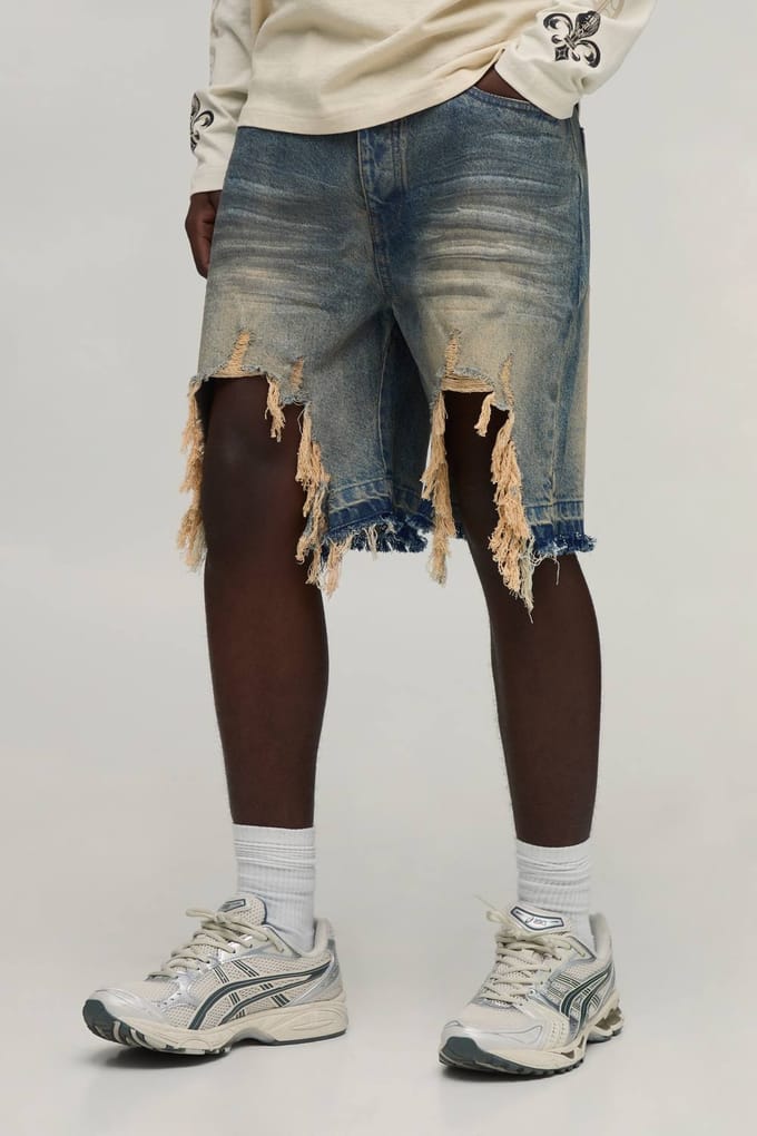 Relaxed Fit Stijve Extreem Gescheurde Denim Shorts | Antique Wash | Size 32