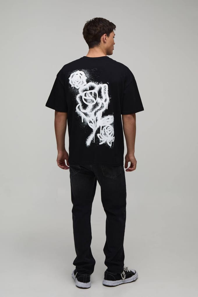 Zwart Oversized T-shirt Met Graffiti Bloemenprint | Black | Size Large