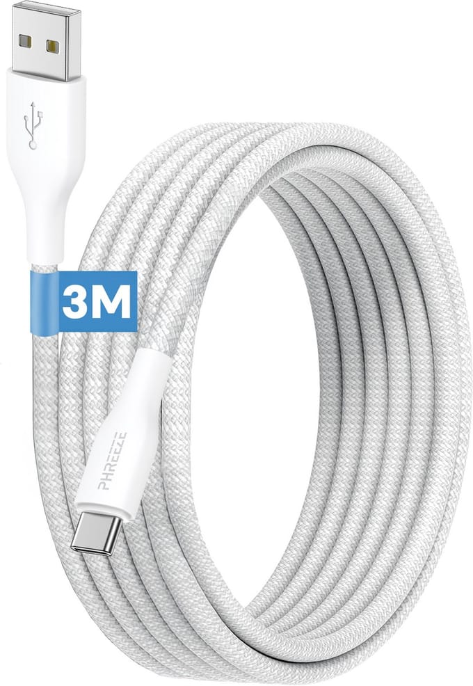 Stevige usb C oplaadsnoer - Usb A naar Usb C - Nylon gevlochten - Wit - 3 meter lang
