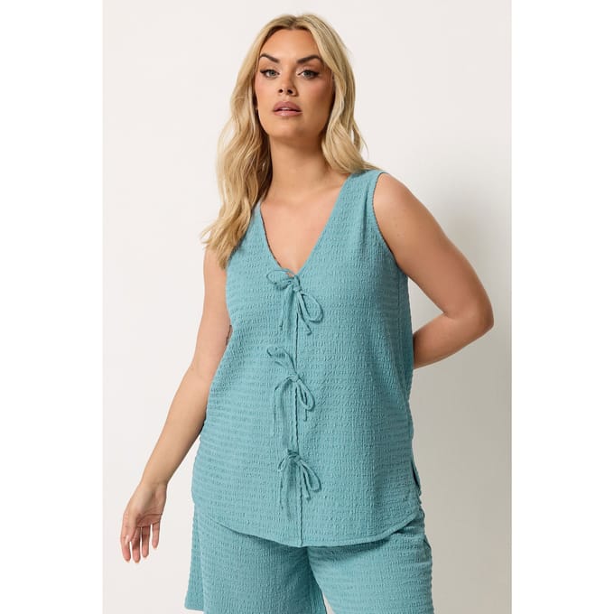 Yours Lichtblauw Getextureerd Gilet Met Strik Size 50-52