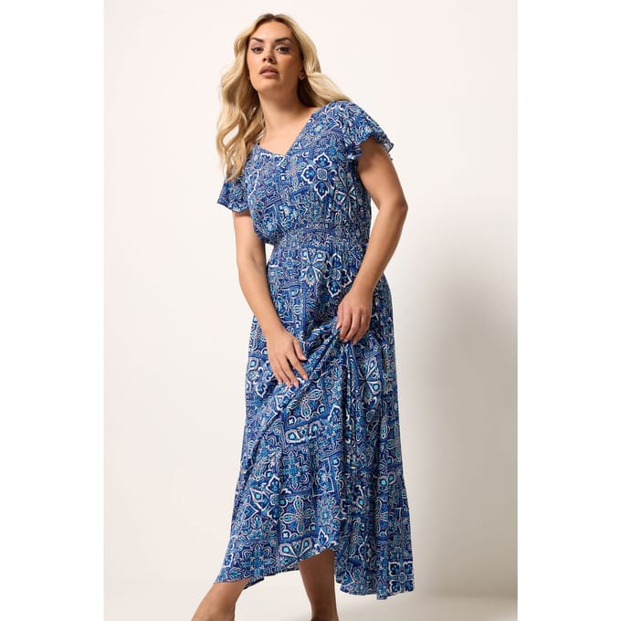Yours Blauwe Maxijurk Met Tegelprint Size 42