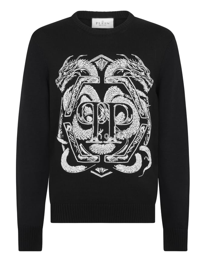 Embroidered Merino Wool Round Neck Pullover Hexagon Dragon
